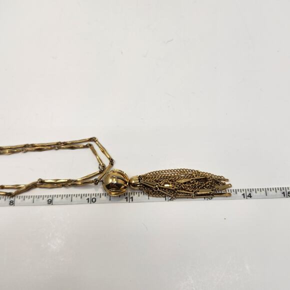 Kramer Sphere Pendant Tassel Double Strand Chain Necklace Gold Tone Vintage - Picture 6 of 6